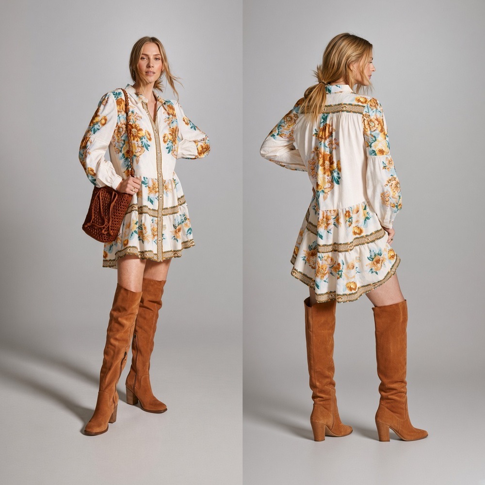 Anthropologie Panel Print Floral Tiered Mini Shirt Dress Boho Women Size Medium